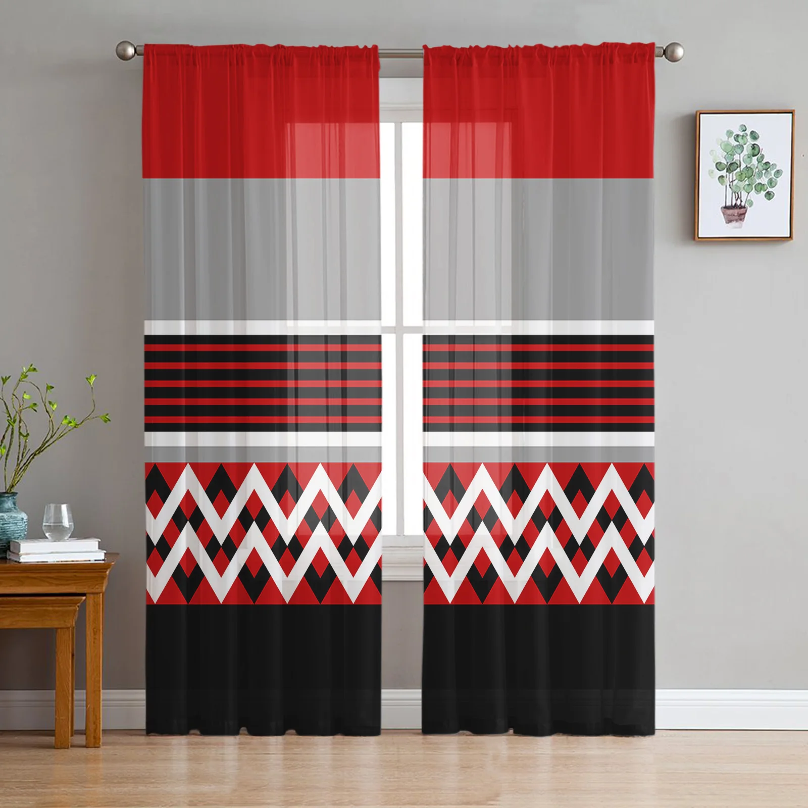 

Red Black Grey Stripes Geometric Voile Curtains for Bedroom Tulle Window Curtain for Living Room Sheer Curtains Blinds Drapes