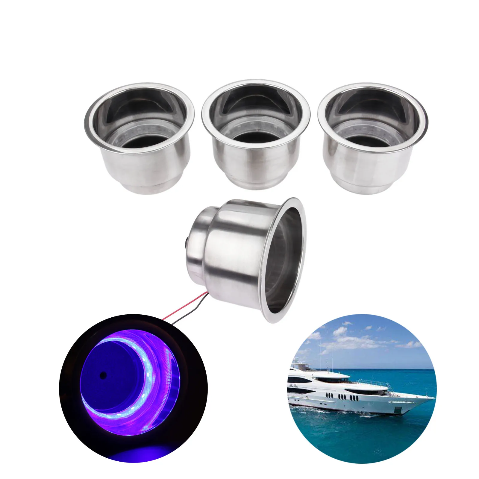 4/2/1 PC Marine Stainless Steel 12V LED Light Recessed Built-in Car Cup Drink Holders Sailing Light for Rowing Boats Car