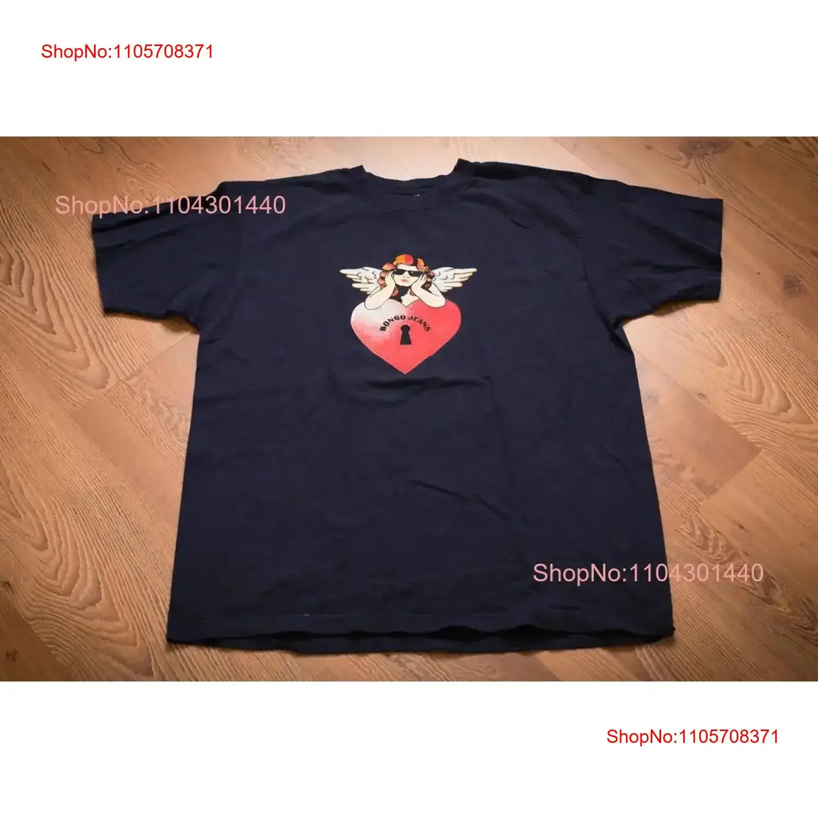 80s 90s Bongo Jeans Logo T Shirt L By Gene Montesano Vintage Angel Cupid Sunglasses on Heart Keyhole Hip Hop Fashion vintage