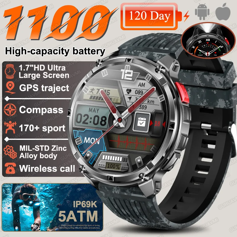 2026 Nieuwe T-Rex3 Ultra 1100 Mah Militaire Smart Horloge Mannen 1.7 "AMOLED GPS Path 5ATM Waterdicht Kompas LED zaklamp Smartwatch iOS