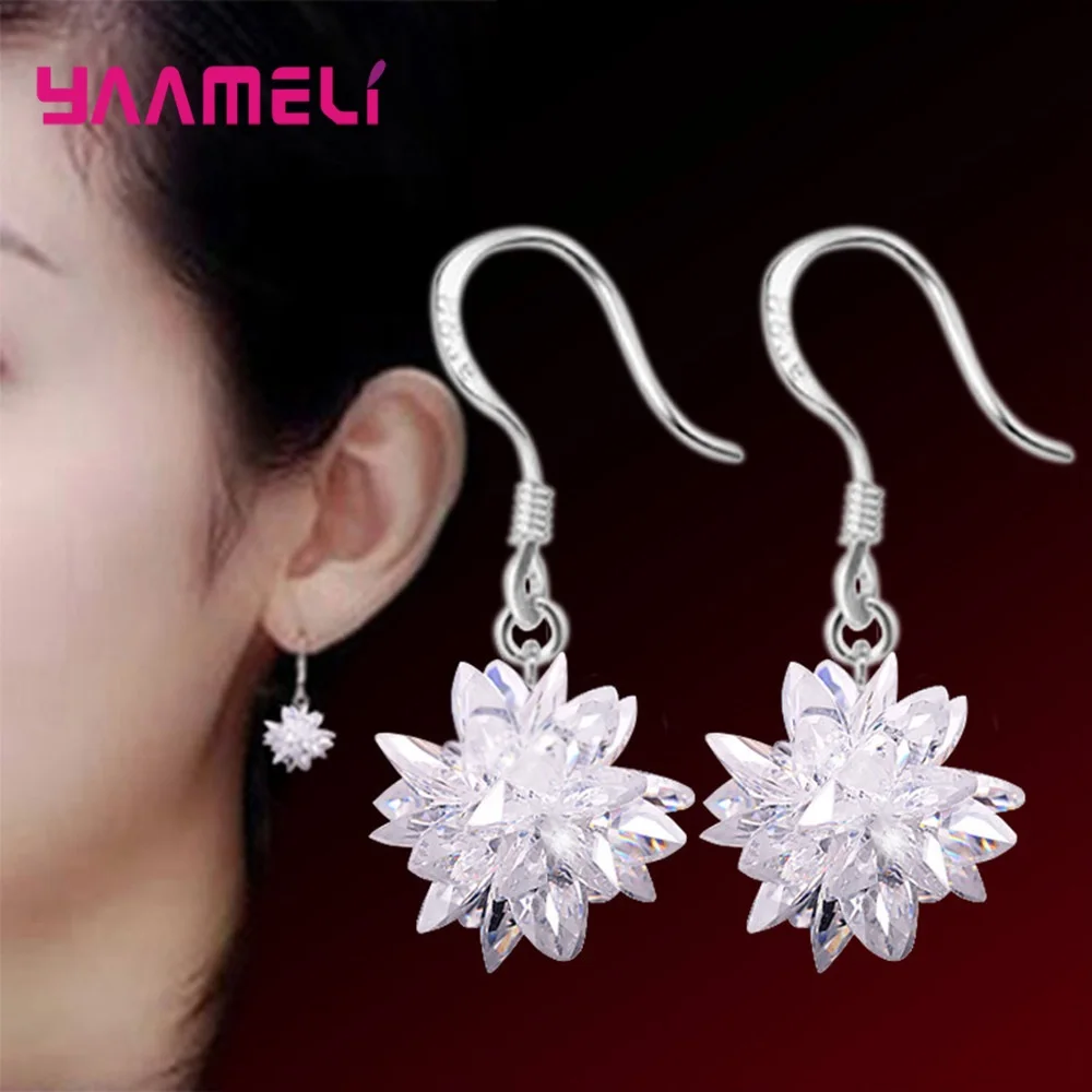 S925 Sterling Silver Jewelry Earrings Pendientes Shining White Cubic Zircon Ice Flower Original Design for Woman Girl Gifts