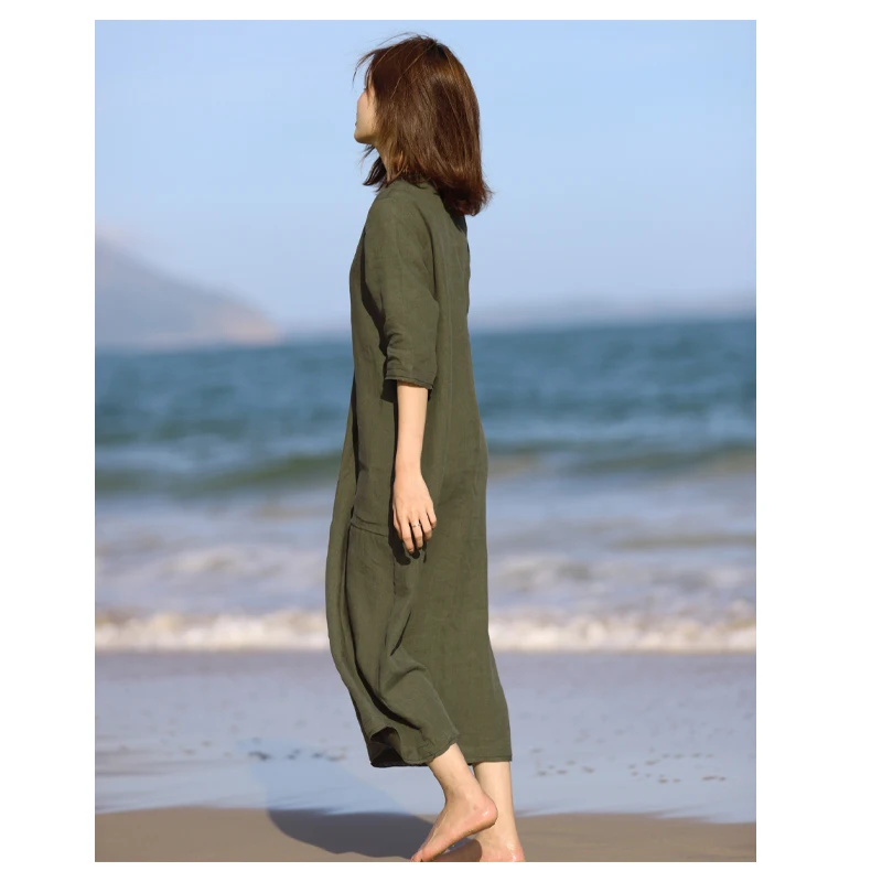 100% Linen Spring Summer Women's Seven-point Sleeve V-neck Dress Dark Green Outdoor Seaside Casual Breathable Sweat Absorbent