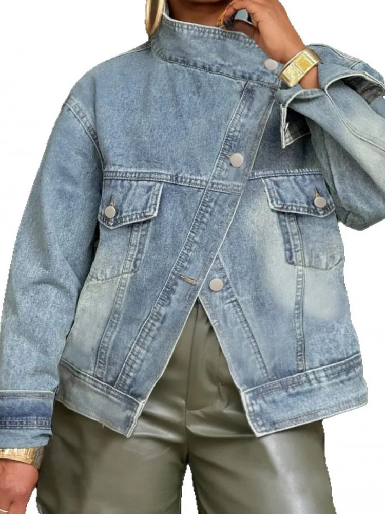 

Autumn Winter Women Fashion Denim Single Breasted Turtleneck Straight Jackets Vintage Fashion Overcoat Street Jackets Coat