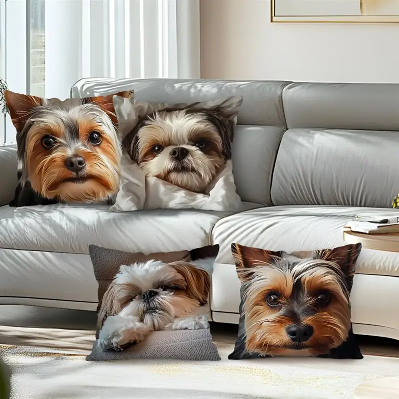 Decoración del hogar Linda funda de almohada con caras de perro Yorkie diseño patrón funda de cojín adecuada para sofá