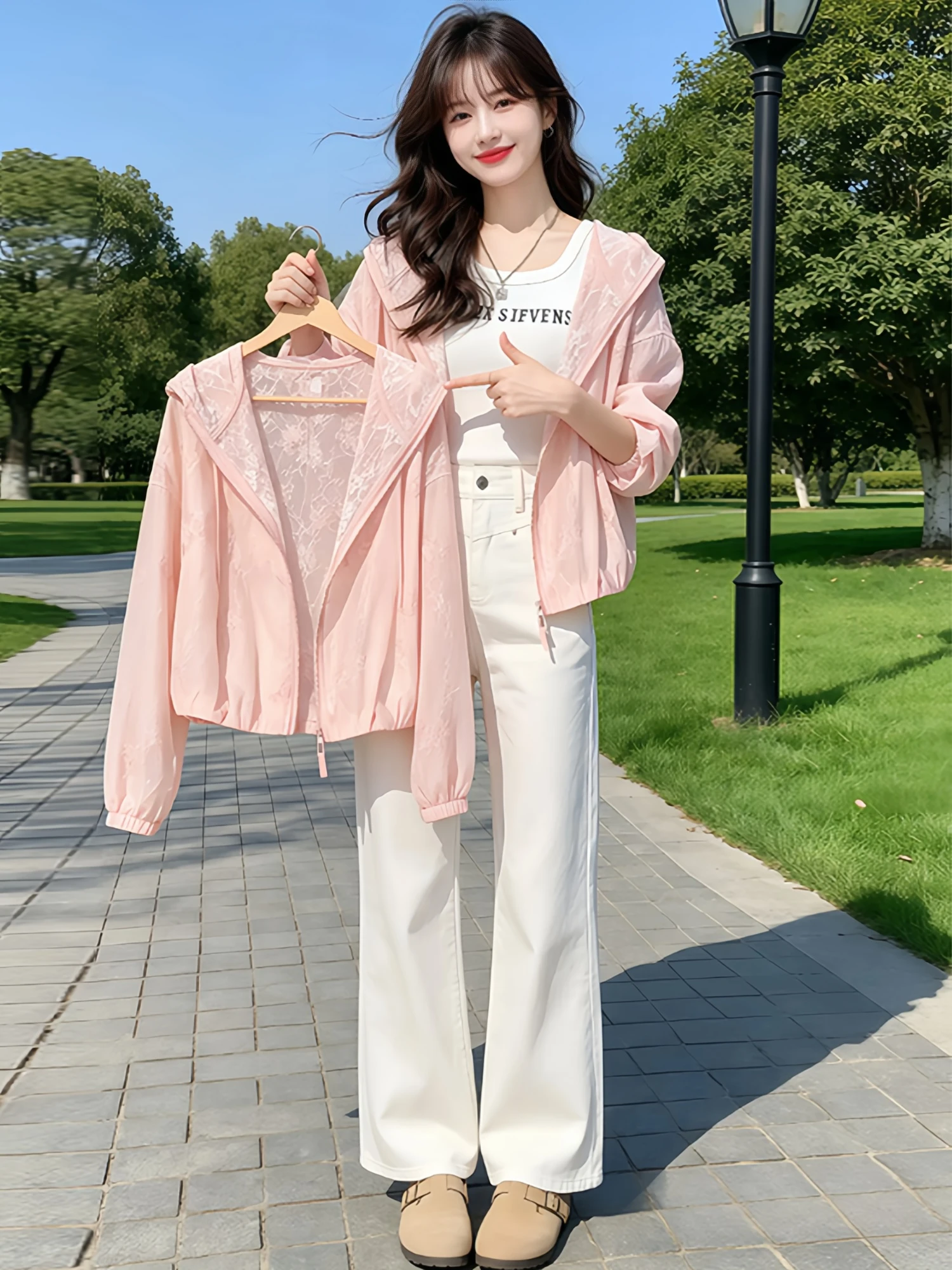 Embroidered Lace Sun Protection Jacket Women's Casual Outdoor Cycling Top Breathable Loose Fit Long Sleeve Zipper Closure