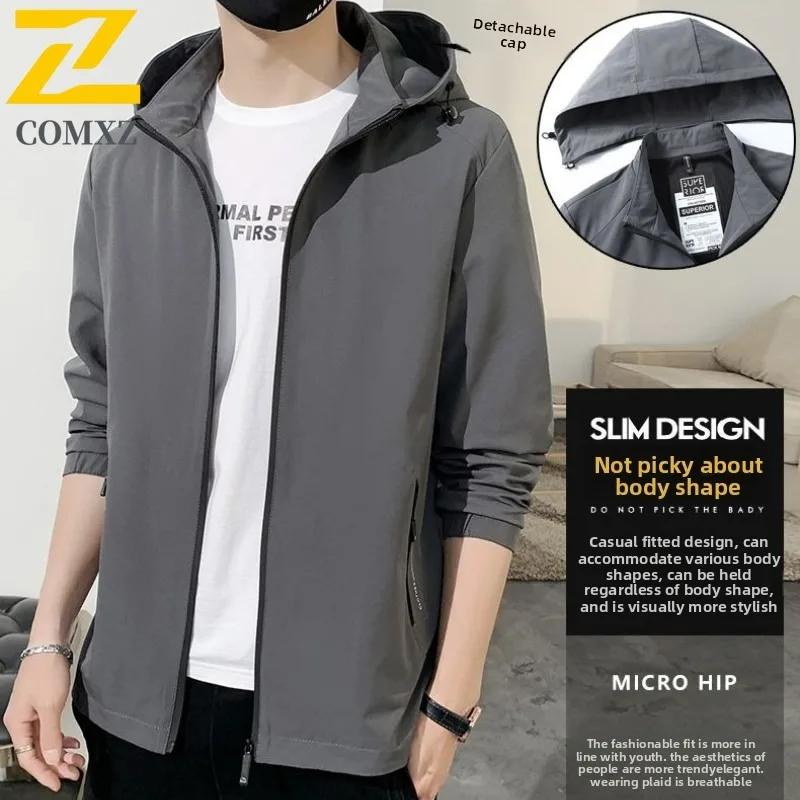 

COMXZ Hooded Jacket 2025 Spring Autumn Single Layer Sport Windproof Jacket Unisex Outdoor Waterproof Coat Plus Size Mountain Set