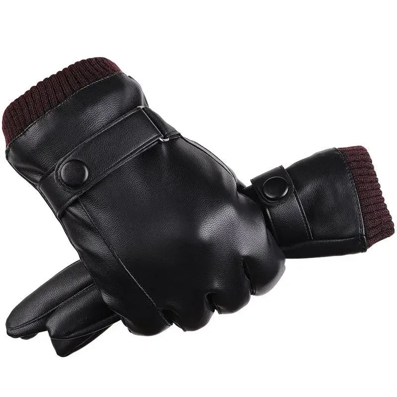 High Quality Men PU Leather Gloves Autumn Winter Warm Touch Screen Full Finger Black Gloves