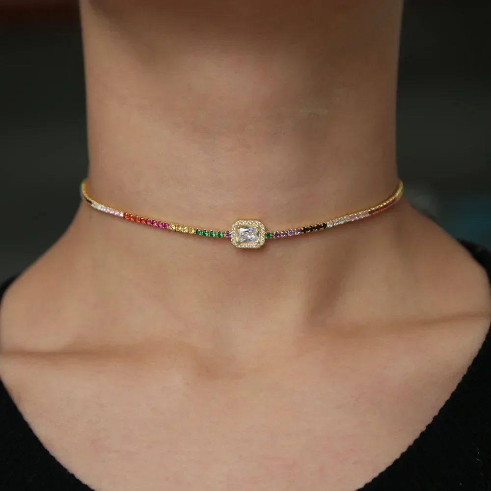 Fashion Geometry 5 Color Tiny Micro Pave Rainbow Cz Charm Delicate Women Girl Tennis Cz Chain Gift Trendy Necklce