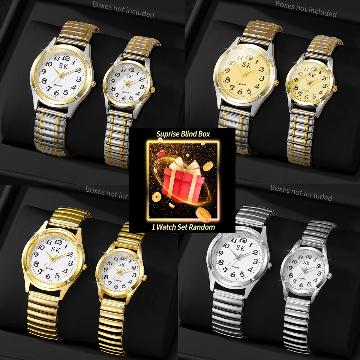 Jam Tangan Misteri Kejutan Kotak Buta-2 Buah/Set Jam Tangan Pasangan Modis Jam Tangan Kuarsa Pria Wanita Tali Elastis (Tanpa Kotak)