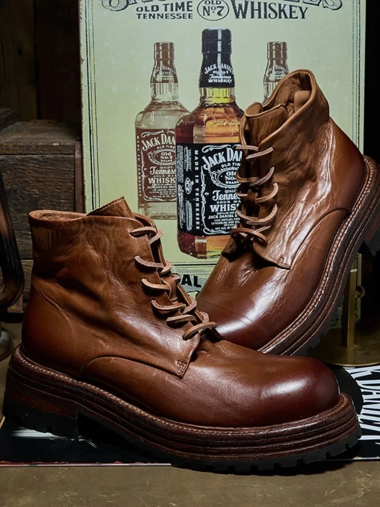 Mens Vintage Genuine Leather Ankle Boots Lace Up Thick Bottom Motorcycle High Top Shoes British Style Horsehide Platform Boots