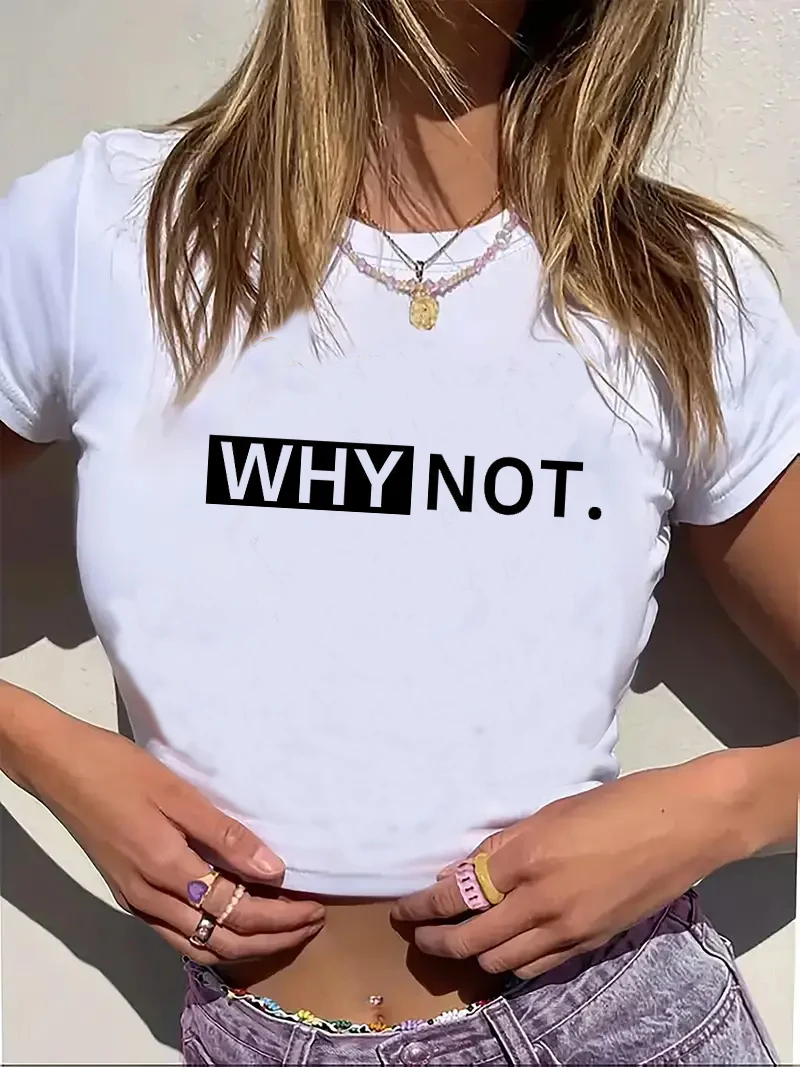 Crop Top für Damen, kurzärmelig, Rundhalsausschnitt, „WHY NOTT“, grafischer geometrischer Druck, kurzes Top, Streetwear-T-Shirt, ästhetische Kleidung