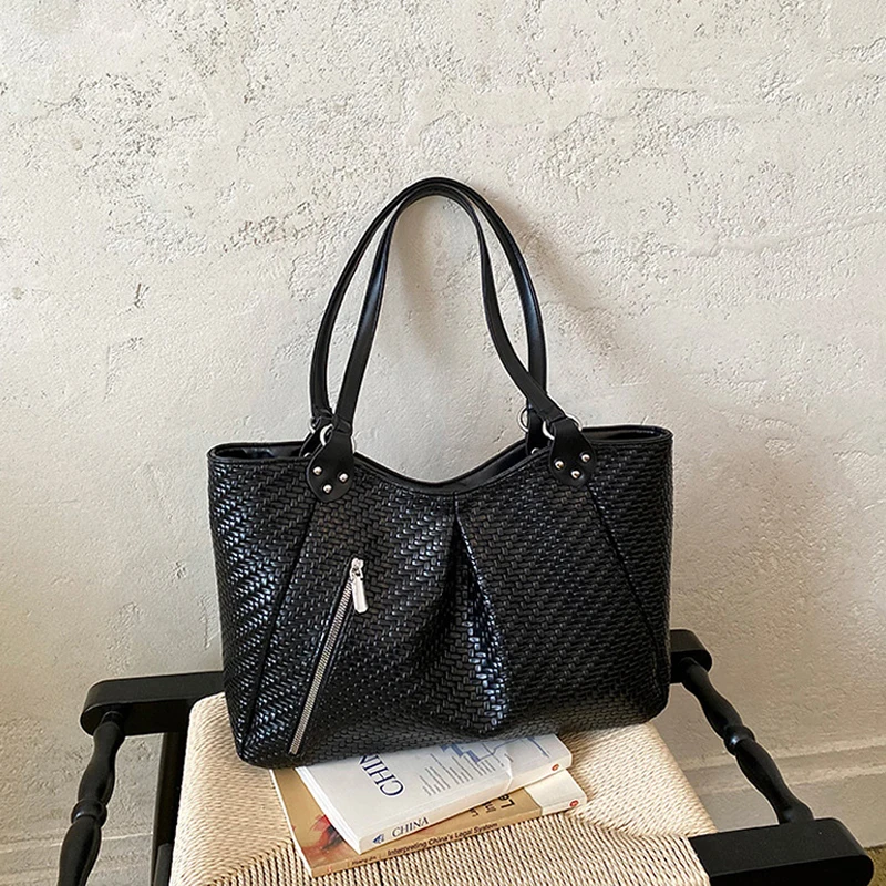 Koreanische Schultertasche mit seitlichem Reißverschluss, Vintage Casual Handtasche für Damen, minimalistische, schicke, einfarbige Rattan-Webtasche, Einkaufstasche – Detail 7