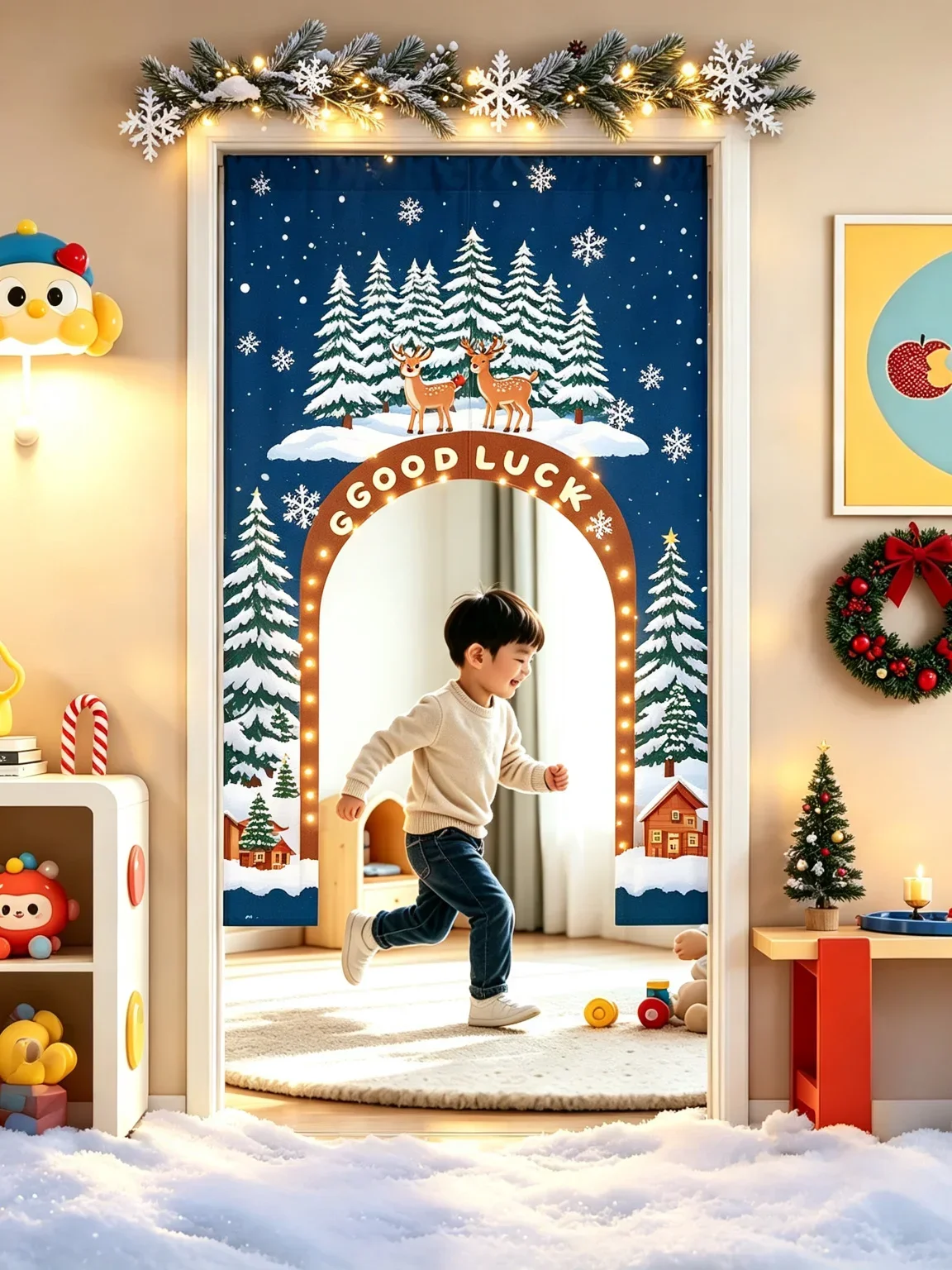VIKAMA Christmas Teddy Bear Arched Half Door Curtain Kids Room Cotton Linen Short Curtain Privacy Partition Home Decor Bedroom