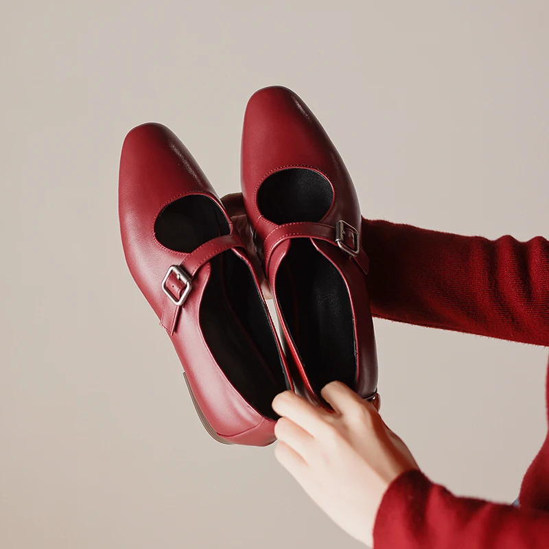 2026 new spring autumn women pumps natural leather plus size 22-26cm cowhide+sheepskin+pigskin buckle mary janes women shoes