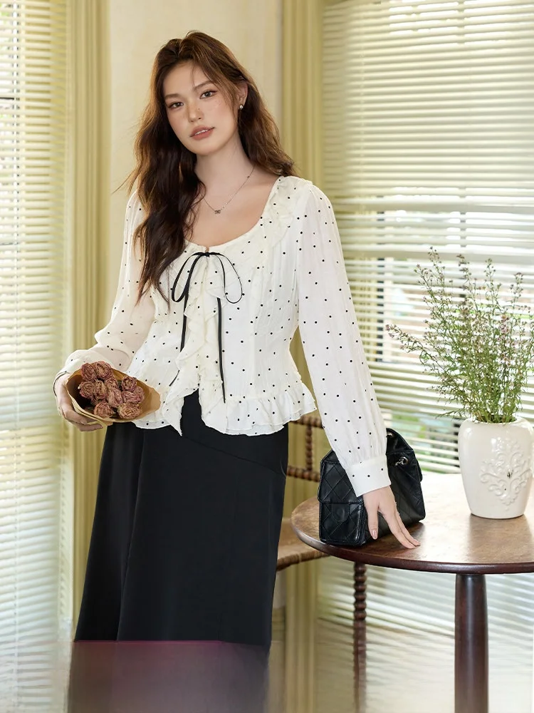 

Осенний ранний женский наряд большого размера в горошек с квадратным воротником, топ для похудения, юбка, нейлон с высокой талией