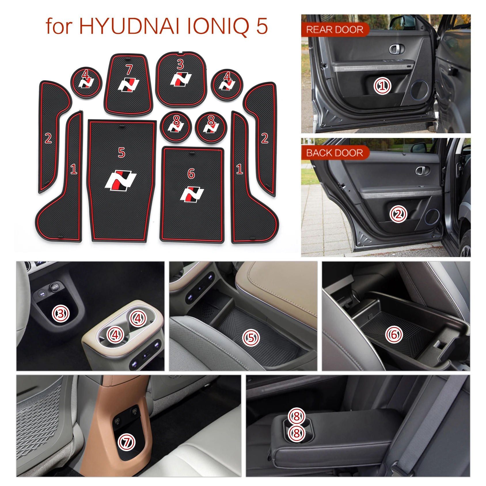 ZUNDUO for Hyundai IONIQ 5 Door Groove Pad Anti-Slip Gate Slot Mat Cup Holder Interior Accessories Rubber Coaster