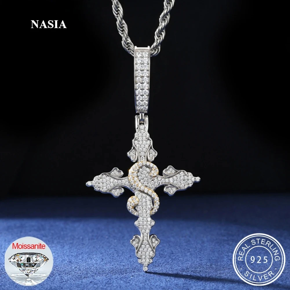 NASIA S925 Moissanite Cross Pendant Necklace for Women Men Iced Out Cuban Hip Hop Tag Pendants Bling Jewelry Silver 2026