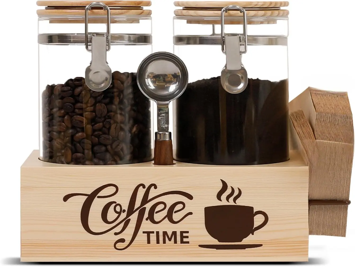 Glass Coffee Canister Set with Shelf & Spoon 2 Piece Coffee Containers for Coffee Bean Storage Airtight Seal, Coffee Bar Acce