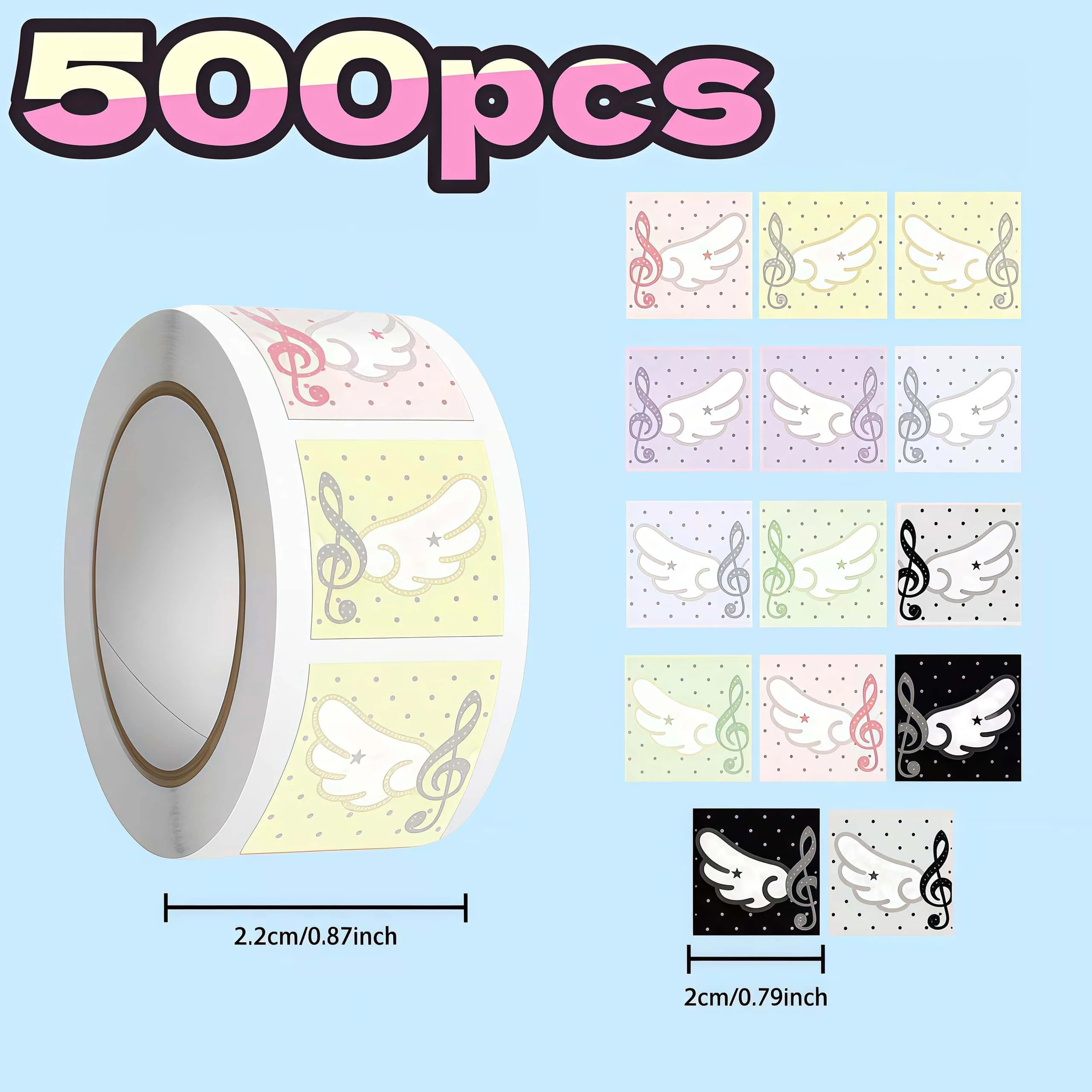 500Pcs Cute Musical Note Angel Wing Roll Stickers, Pastel Square Label Stickers for Gift Packaging Journal DIY Scrapbook