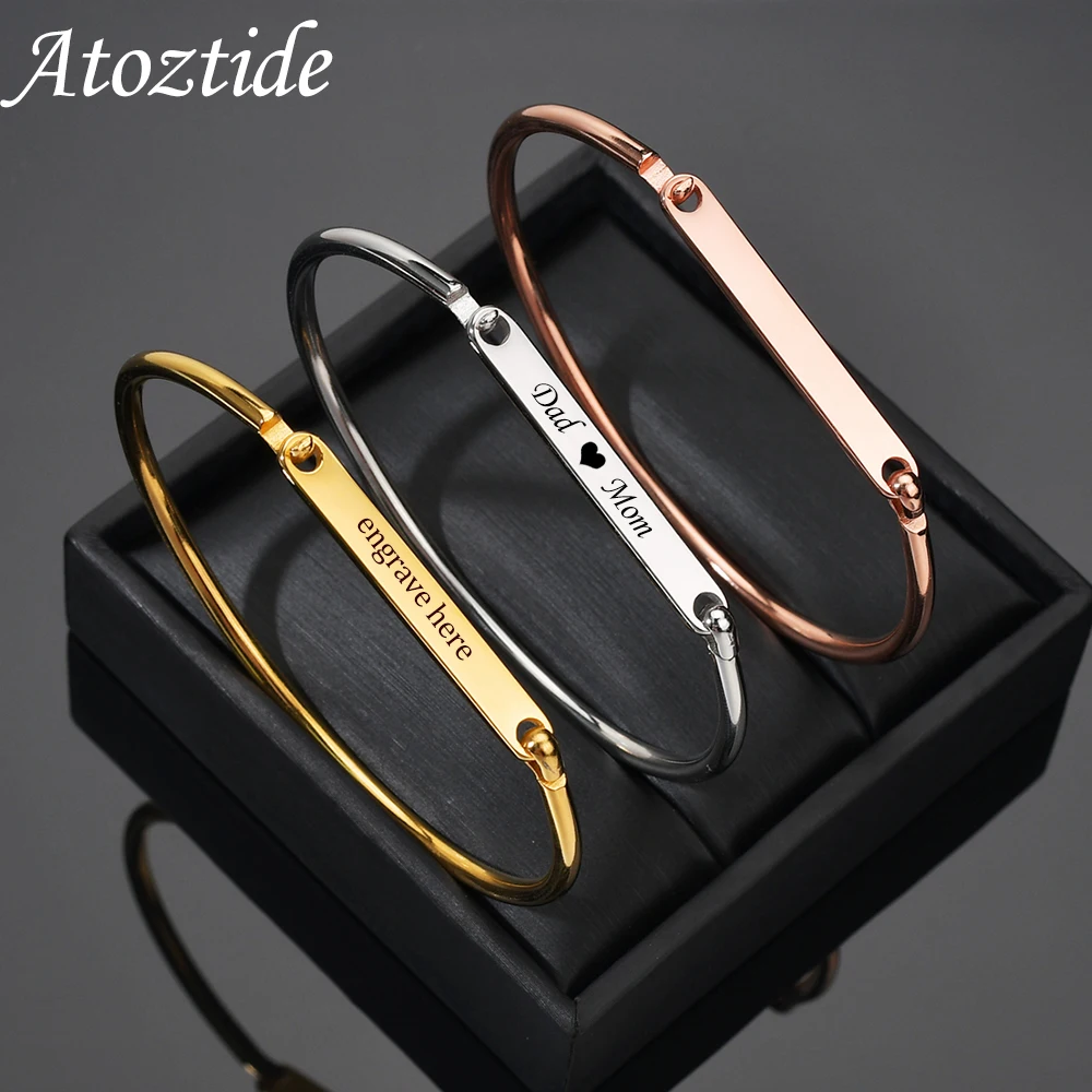 Atoztide Personalized Custom Bracelets Bangles Girl Customized Engraved Name Date Cuff Bangle For Women Best Festival Gift