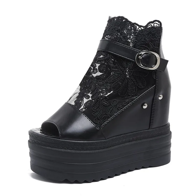 12CM Women Thick Bottom Gladiator Shoes Summer Chunky Sneakers High Platform Sandals Lace Hollow Out Wedge Heels Beach Sandalias