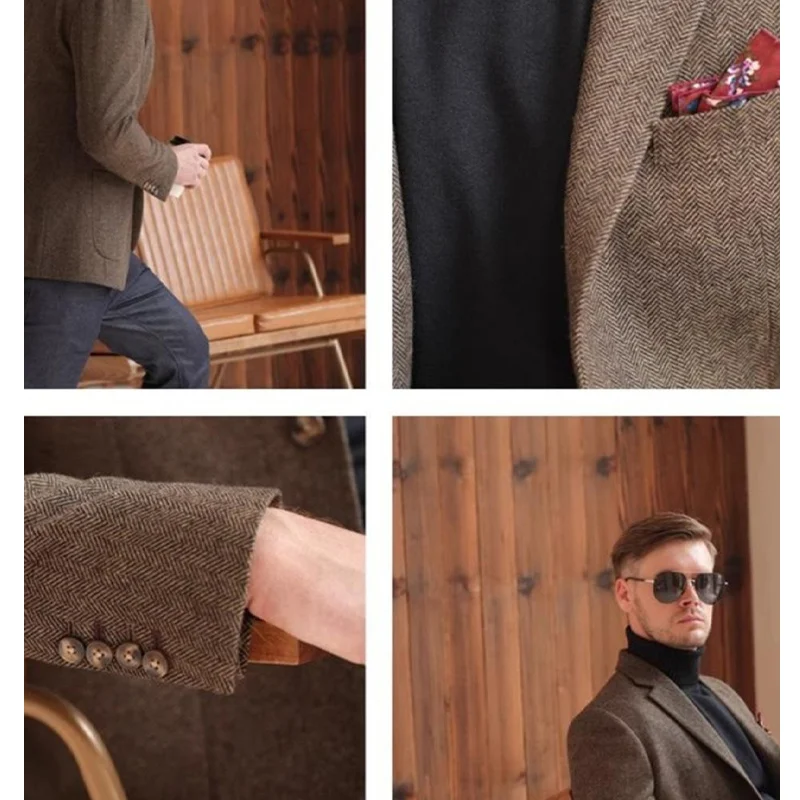 Autumn and Winter Thickeneded Retro Coarse Woolen Suit Business Casual British Style Herringbone Pattern Suit Jacket for Men