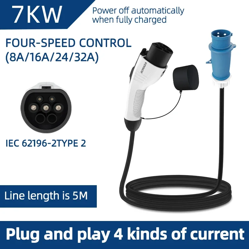 

For Electric Vehicle 7KW 32A EV Portable Charger 3M 5M 10M 15M 20M Cable Type2 IEC62196 EVSE CEE Plug Wallbox Adapter