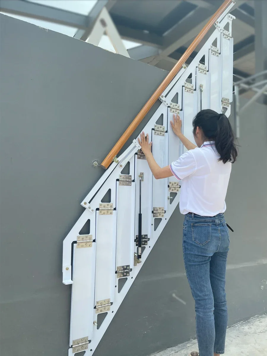 Folding stairs against the wall for  attic with side wall mounted step ladders