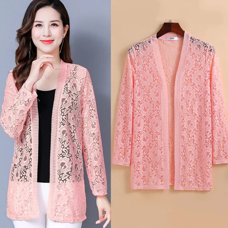 2024 Summer New Women Loose Openwork Lace Cardigan Thin Coat Female Long-sleeved Sun Protection Clothes Air Conditioning Shirts