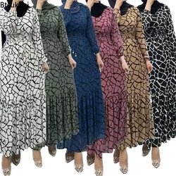 Muslim Elegant Print Dress Abaya for Women Fashion High Waist Long Sleeve Arab Islamic Clothing Mid East Turkish Evening Dresses