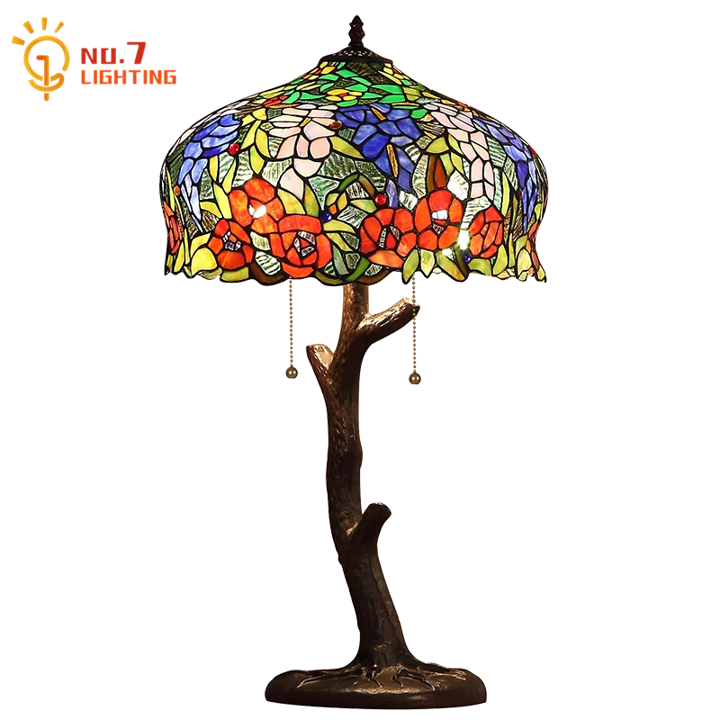 

American Vintage Tiffany Glass Table Lamp with Remote Control Wisteria Cast Iron Base Living Room Bedroom Study Background Cafe