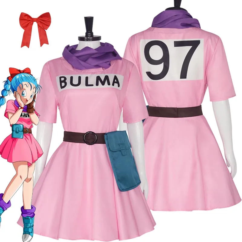 

Bulma Cosplay Costume Anime Pink Dress Bow Scarf Belt Bag Full Set Uniform Halloween Carnival Roleplay Clothes for Adult Girls