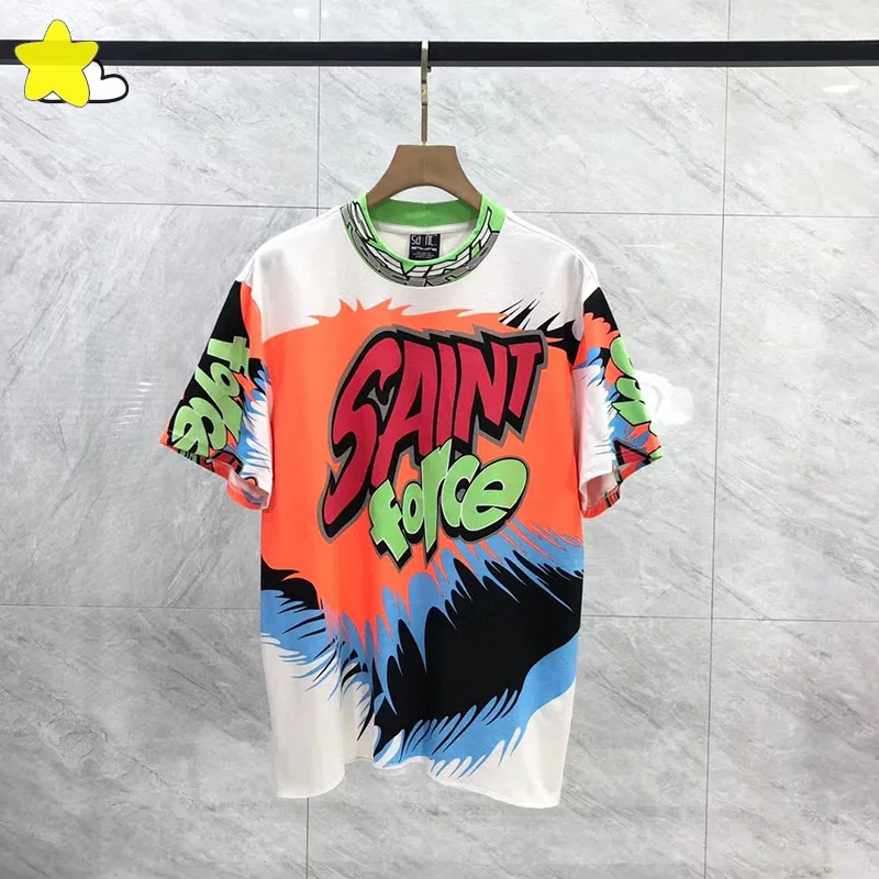 

Hip Hop Oversized Color Blocking T Shirt Men Women High Quality Graffiti Saint T-Shirt 100% Cotton Casual Tee Tops With Tags