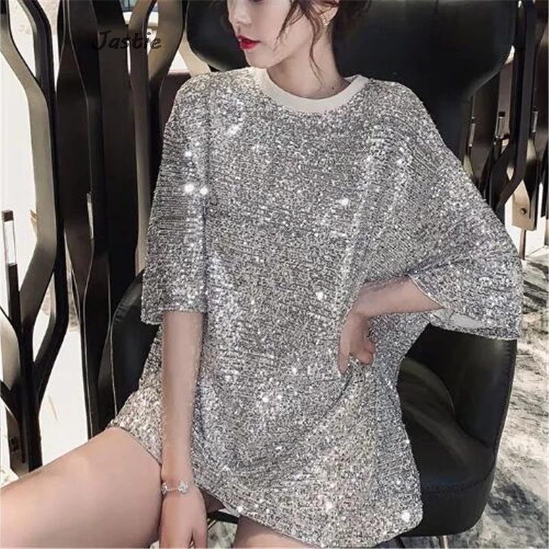 

2024 New Blingbling Summer T-shirts For Women Round Neck Short Sleeve Sequin Fashion Street Party Tees