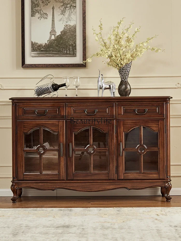 

07 American Style Solid Wood Sideboard Storage Cabinet Black Walnut Glass Door Entryway Wine Cabinet