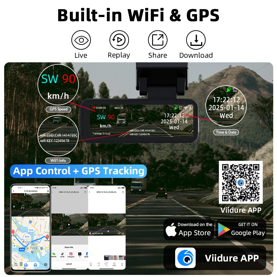 Yangood 3.2 ''Dashcam 4K Mini Car DVR يدعم GPS Speed Display APP WIFI التحكم للرؤية الليلية 2.5K كاميرا الرؤية الخلفية الصندوق الأسود