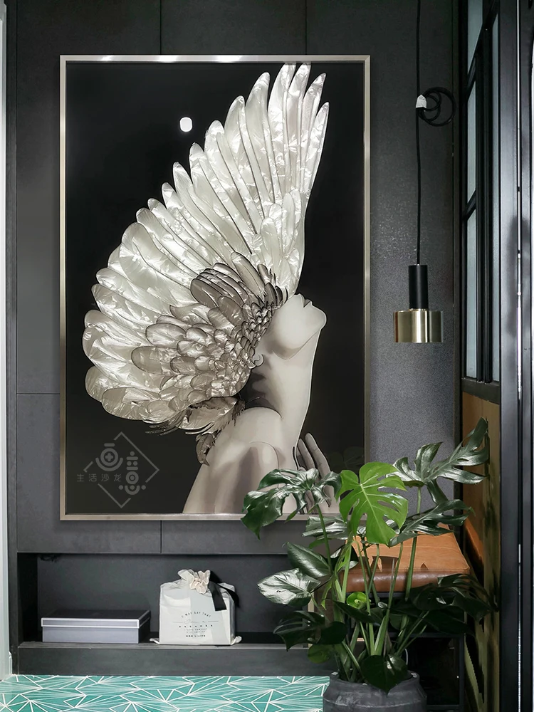 Pure hand-painted enamel decorative painting black and white porch light luxury modern mural art figure painting angel girl