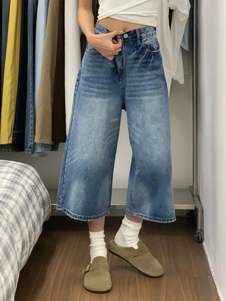 Cintura alta perna larga jeans feminino solto ajuste casual sle verão novas calças faion com kets cintura alta comprimento de sete pés