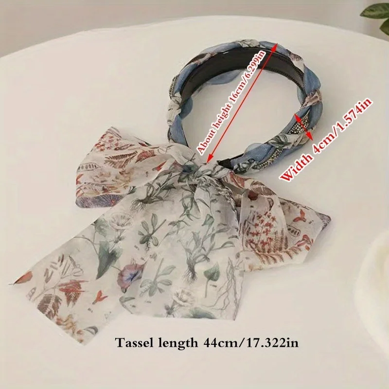 1Pc Vintage Cute Mesh Headband With Rhinestone Embellishments - Floral Print Twist Hairband For Women, Daily Wear, Fashion Hair