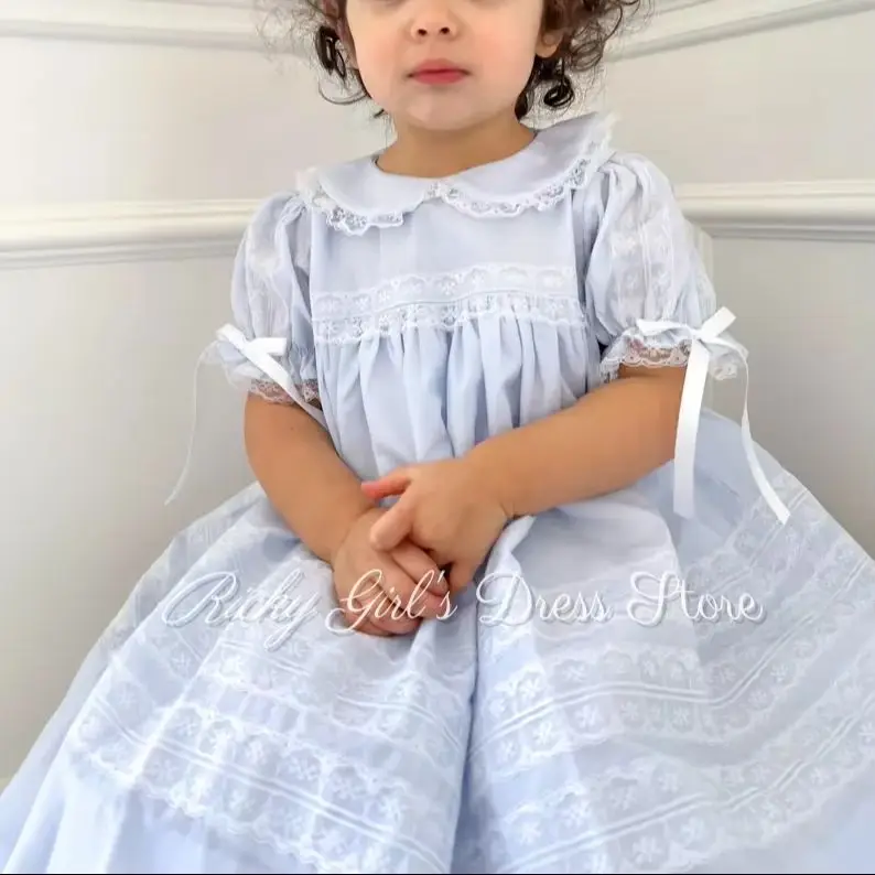 Customized Simple Doll Collar Blue Flower Girl Dresses With Sleeves For Wedding Ceremonies Dance Performance Beauty Pageant