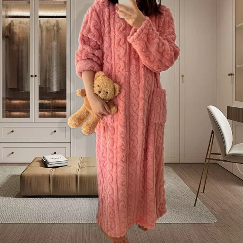 Winter Long Sleeve Double Pocket Flannel Nightgowns Women Loose Solid Sleepwear Jacquard Night Dress Thickened Warm Nightdress