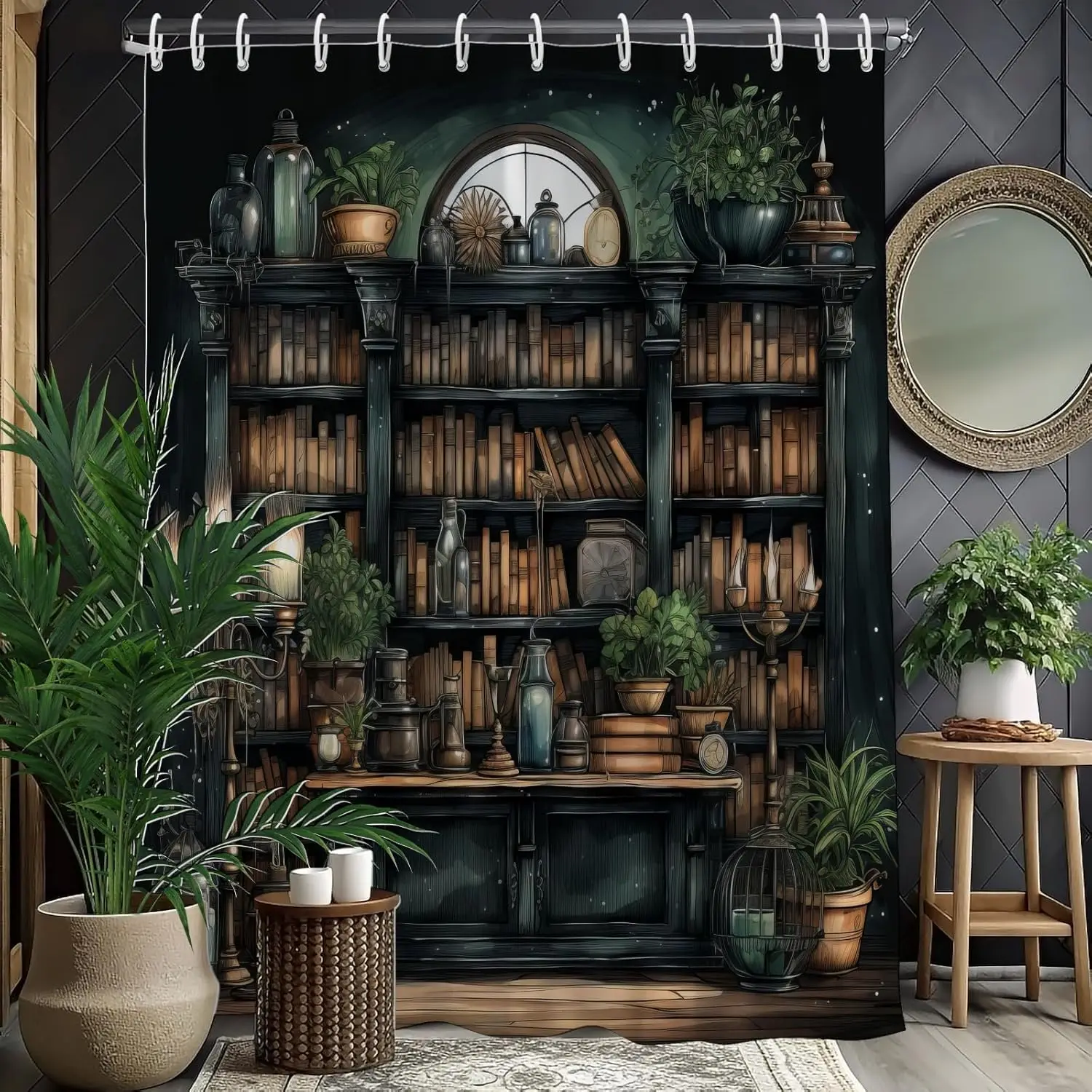 

Винтажные темно-зеленые занавески для душа с растениями и декором книжной полки, занавеска для душа Fantasy Witchy Book для ванной комнаты, забавная водонепроницаемая