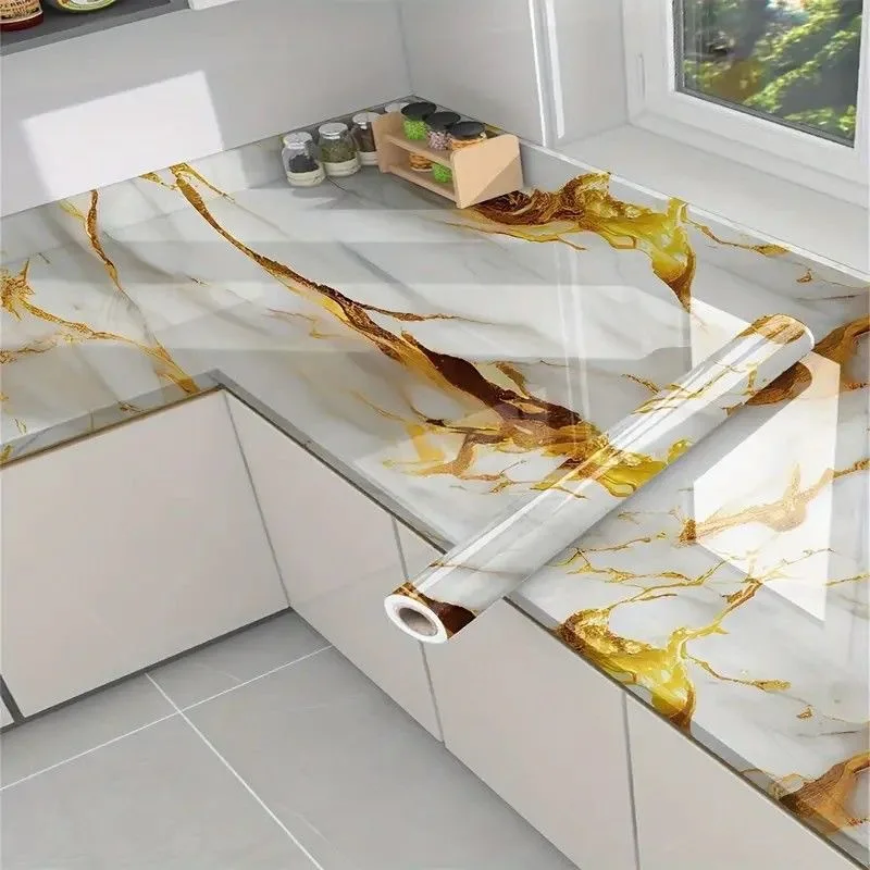 สีเหลืองลายหินอ่อนเลียนแบบ DIY วอลล์เปเปอร์ติดด้วยตนเองเตาครัวสติกเกอร์ทนน้ํามันกันน้ําสติกเกอร์ทนน้ํามัน