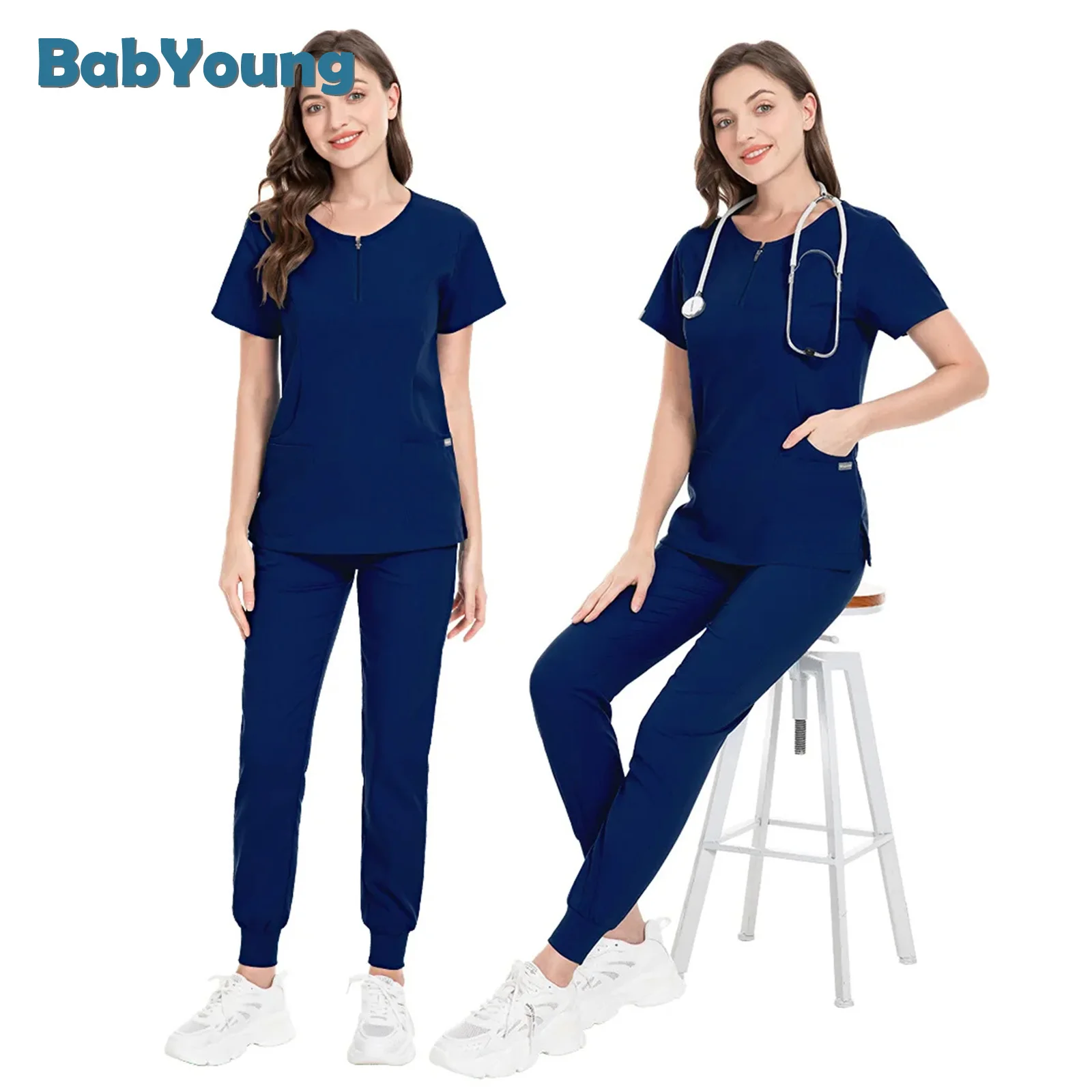 Fashion Metal Zipper Spa Beauty Scrubs Set Women's Slim Fit Clinic Medical Uniforms Skin And Hair Cutting Workwear Clothes