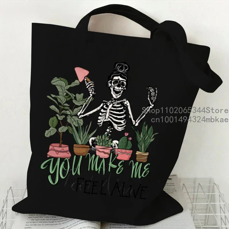 Crazy Plants Canvas Women Shoulder Bag Vintage Skeleton Floral Butterfly Shopping Bags Fashion Tote Bag Female Skull Handbags