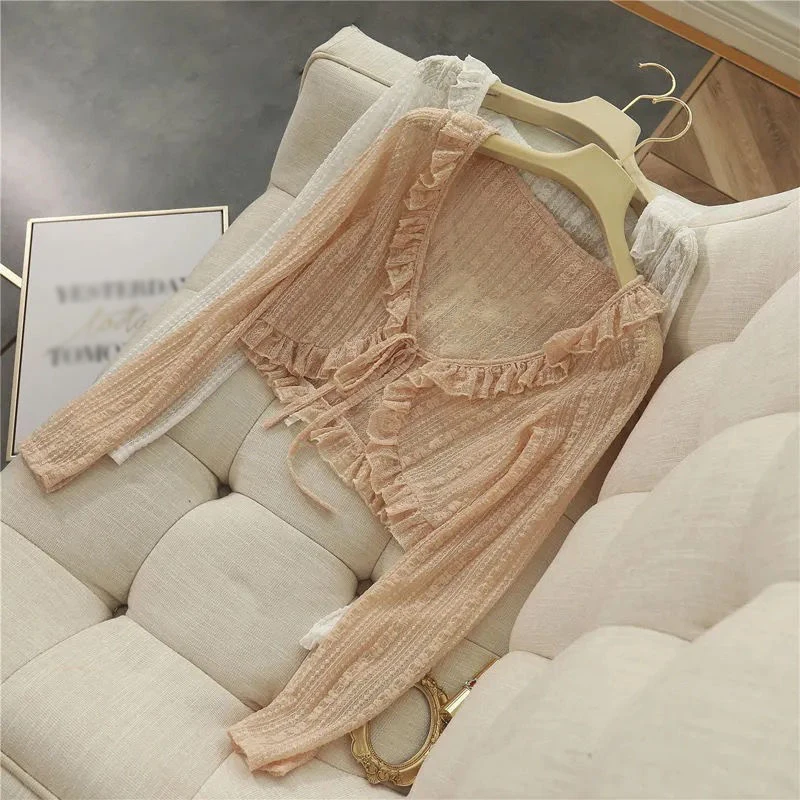 Women Summer Sun Protection Coat Lace Bow Ruffle Cardigan Shirt Female Blouse Tops for Woman Covers Blusa White Y2K Korean Tee