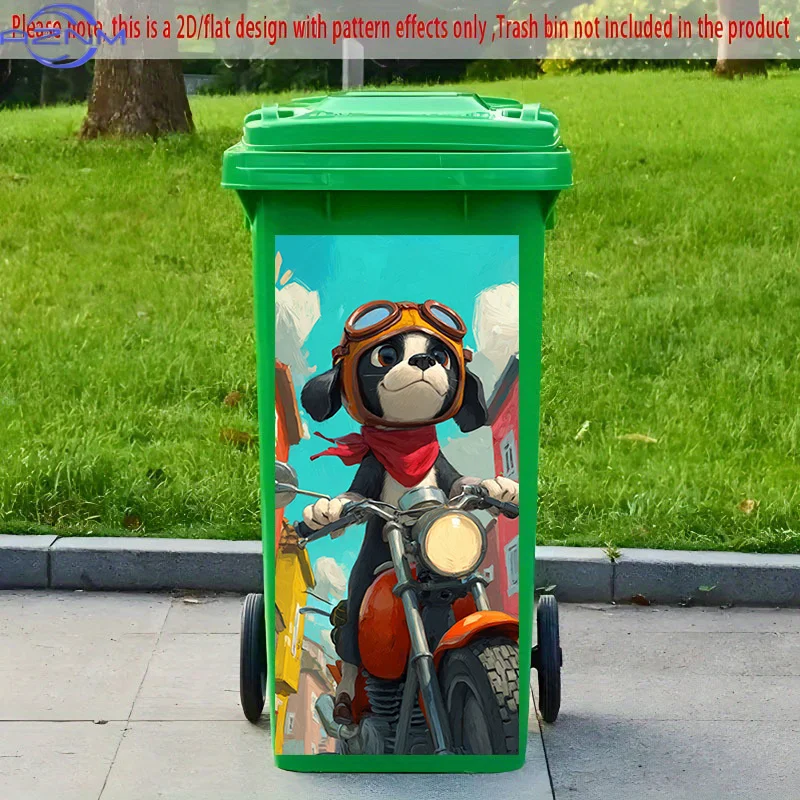 2D Flat Printing 1pc 2D Pattern Printed Kitchen Trash Can Sticker, xcm, Cute Dog Riding a Motorcycle Theme, Kitchen Home Decor