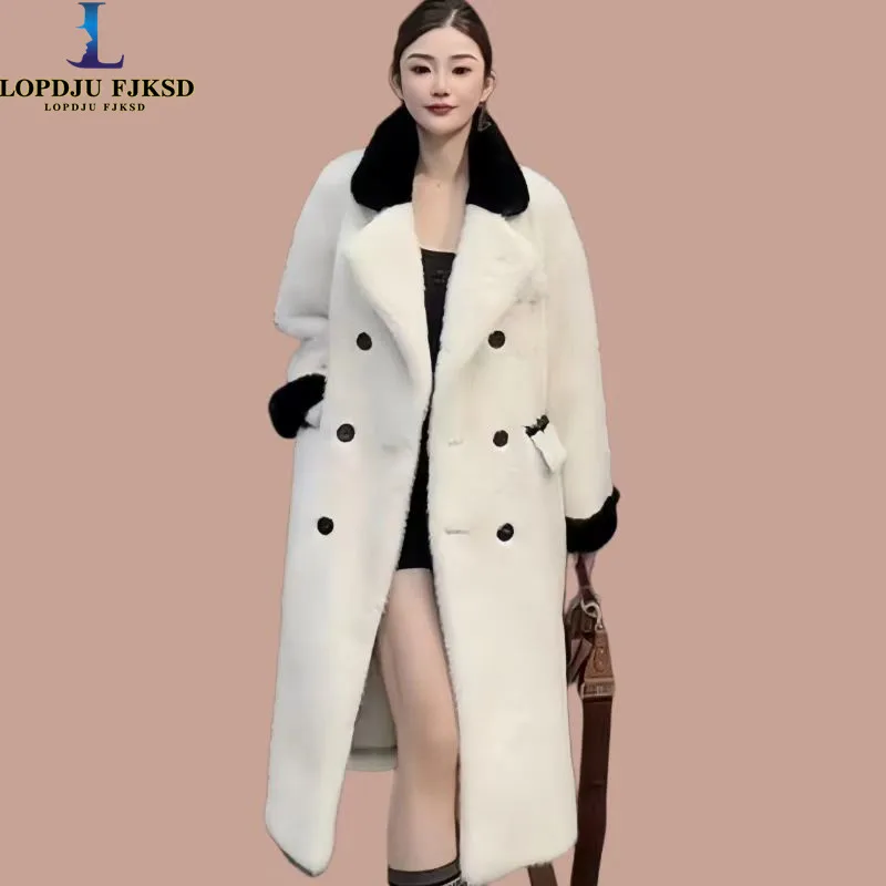 Faux Fur Coat for Women,Double Breasted Jacket,Turn-bown Collar,Thick Warm Clothes,England Style,High Quality,Autumn and Winter