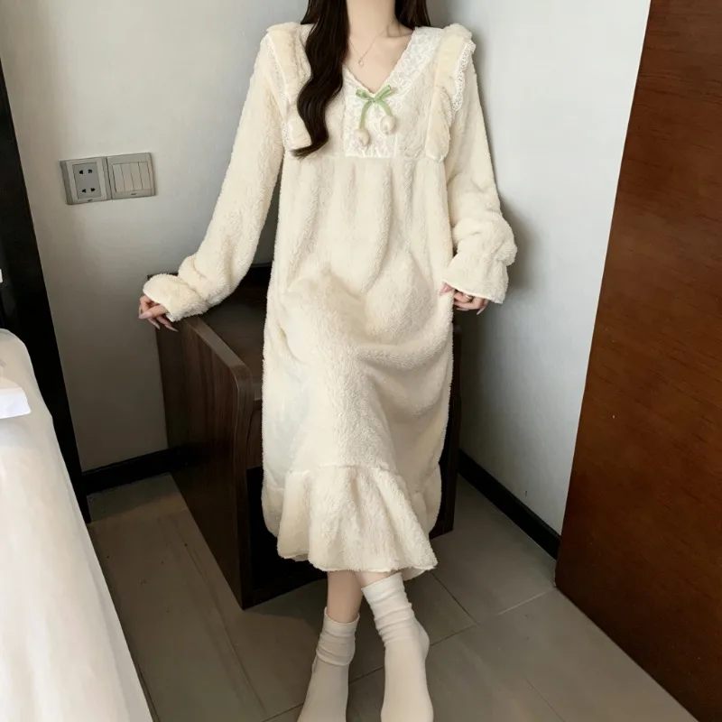 Women Plush Nightgown Long Sleeve V‑Neck Lace Ruffle Sleepshirts Thick Warm Winter Sleep Dress Home Loungewear French Fashion