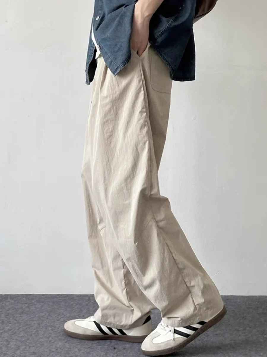 

Японские брюки-карго с простой текстурой для мужчин, летние, свободные, прямые, тонкие, быстросохнущие, с широкими штанинами, повседневные, длинные